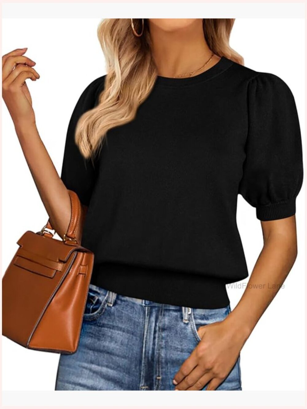 Puff Short Sleeve Knit Sweater Blouse Business Casual Work Tops Trendy Cute